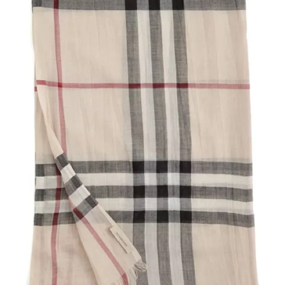 Burberry Giant Check Wool Silk Scarf Beige Nova Check Fringe - Picture 5 of 10